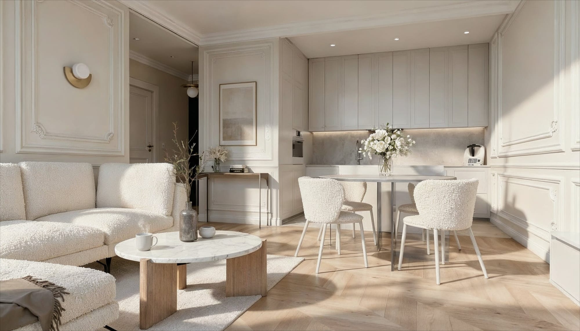Apartament paryski — sztukateria · boucle · marmur